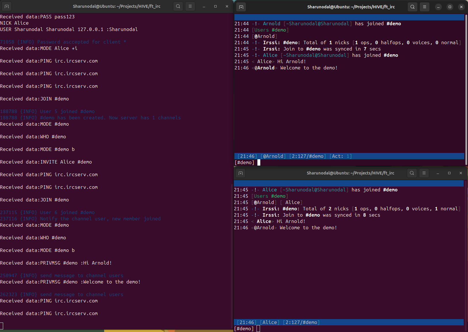 Two Irssi clients exchanging messages in #demo while the server logs channel membership and PRIVMSG traffic.